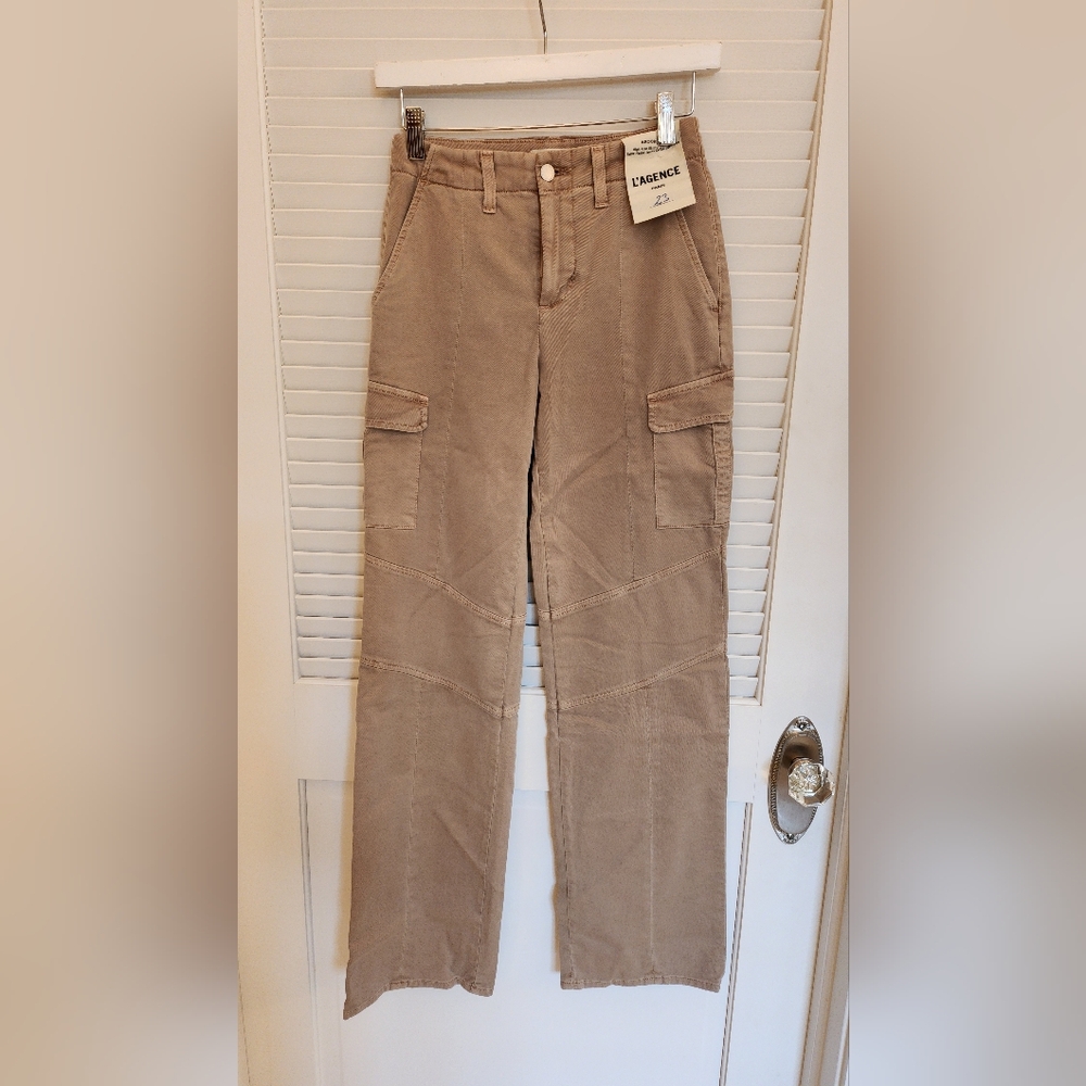NEW L'AGENCE brooklyn high rise utility wide leg in tan denim pant - Picture 3 of 10
